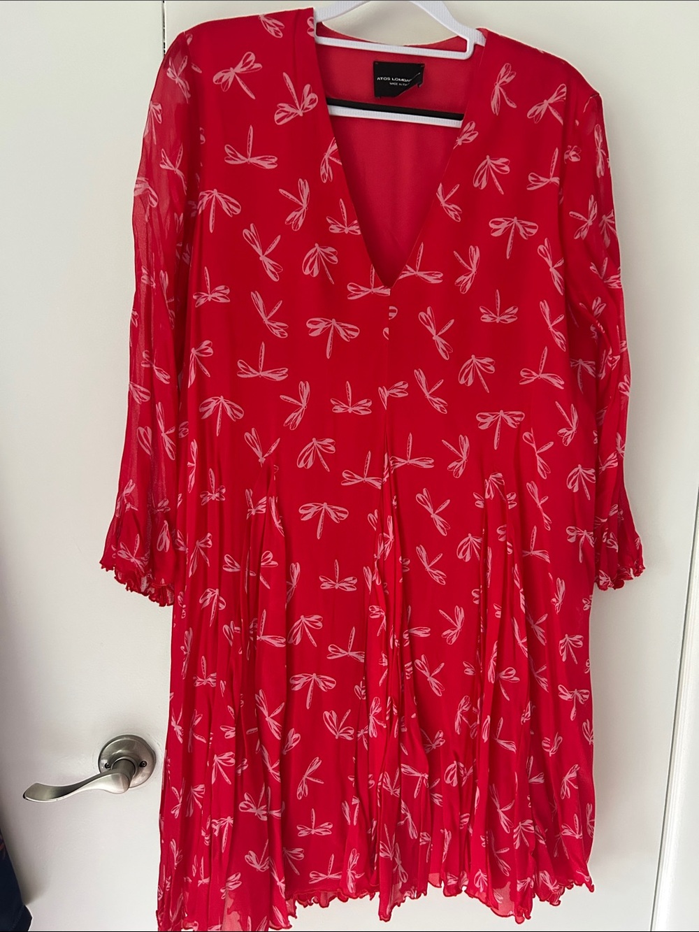 Red Dragonfly-Print Long Sleeve V-Neck Dress